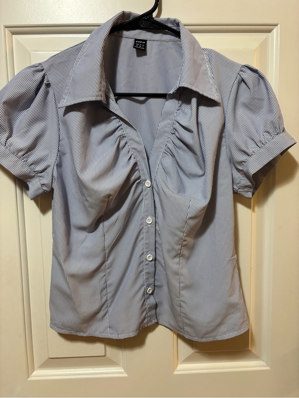 SHEIN Blue and White Pinstripe Short Puff Sleeve Button-Down Shirt